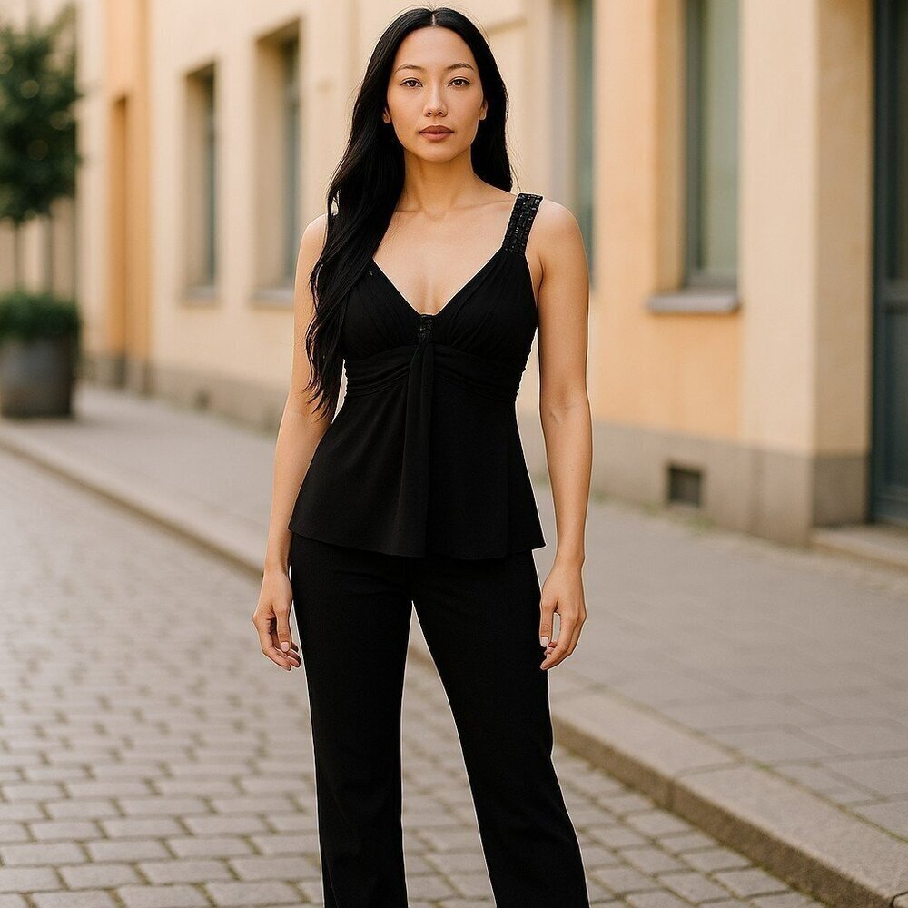 New XSCAPE by Joanna Chen Size 8 Black Sequin Strappy Cami Top Shirt Blouse